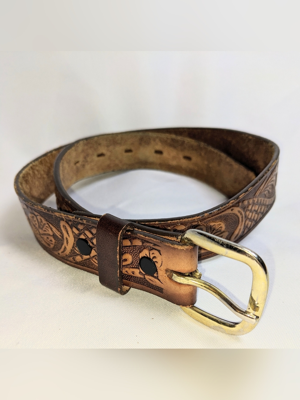 Vintage Unisex Tooled Leather Belt, Gold-tone Removable Buckle, Sz 28"/70cm - Picture 2 of 13